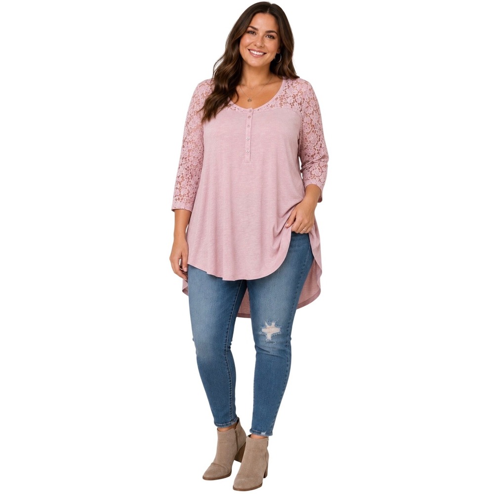 NWT Torrid Pink Lace Slub Henley Top Plus Size 3 3X Hi-Lo Floral 3/4 Sleeve